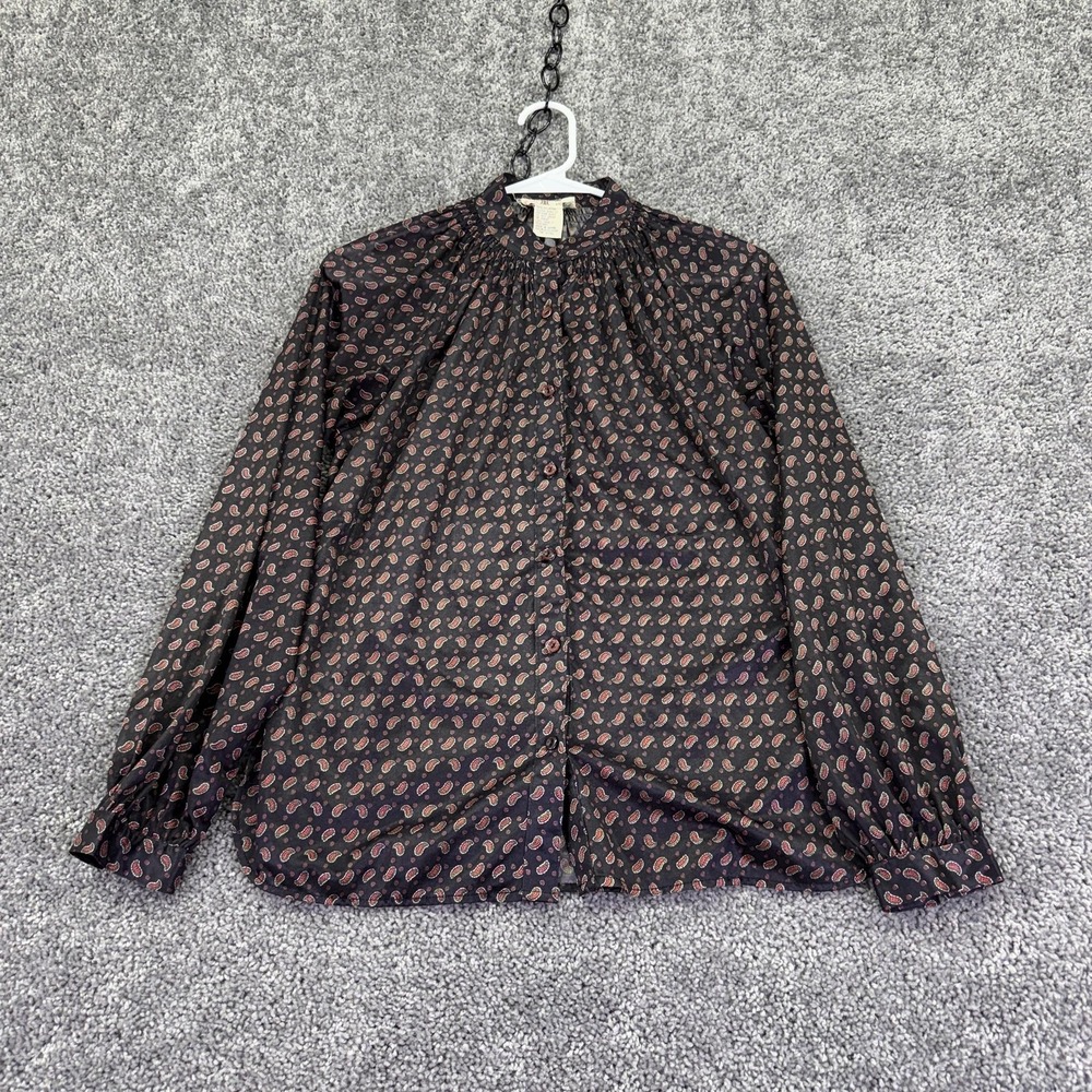 Vintage Organically Grown Blouse Womens Size Black Paisley Button Top